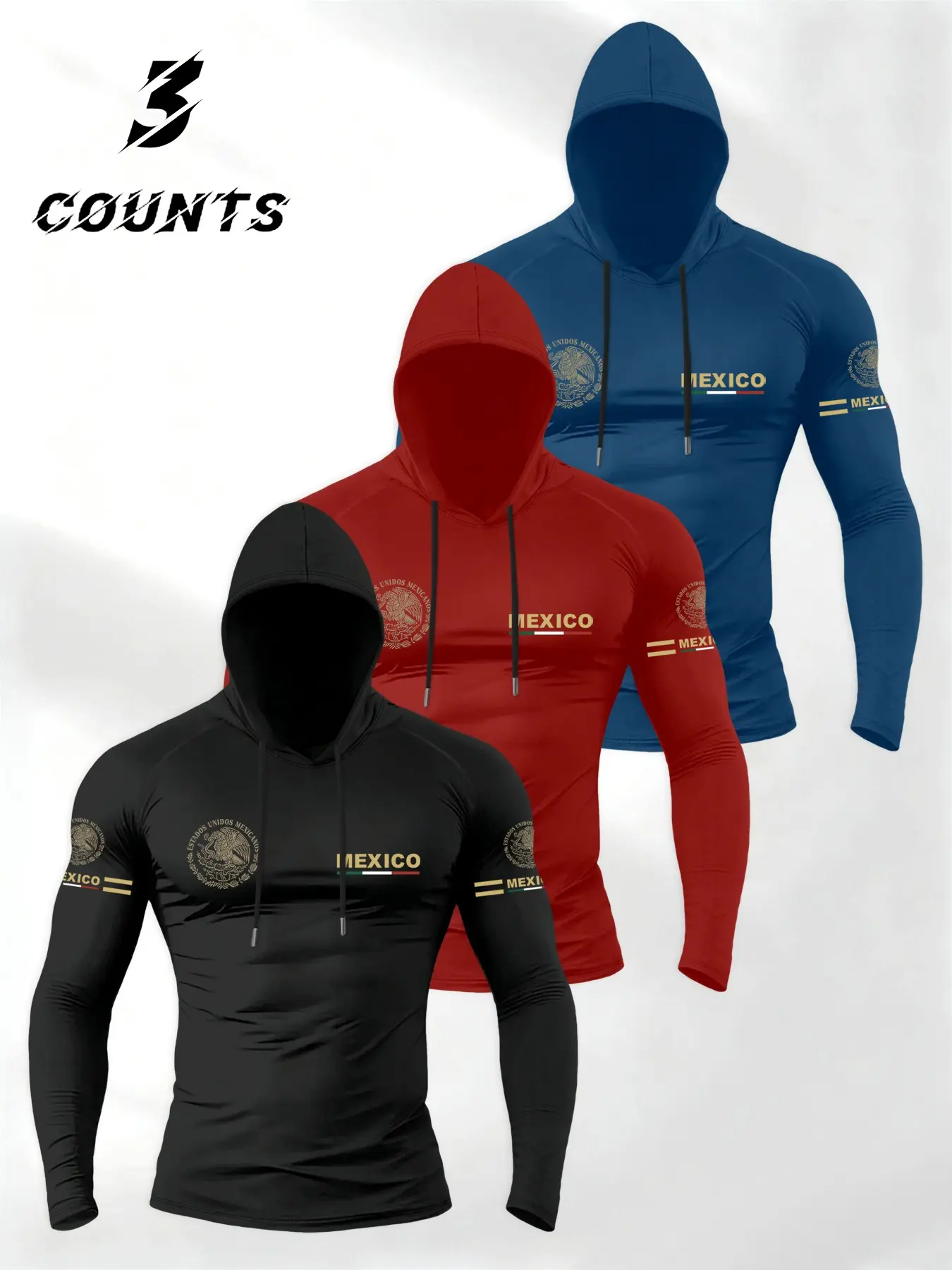 Men's Vintage Mexican Emblem Hooded T-Shirt Set, 3-Piece Casual Sporty Style Gym Training Top, Comfortable Soft Stretch, Sports Clothes, Athletic Style Activewear, Outdoor Sports Wear, Fitness Casual Wear, Athletic Sportswear, Sportswear All Seasons