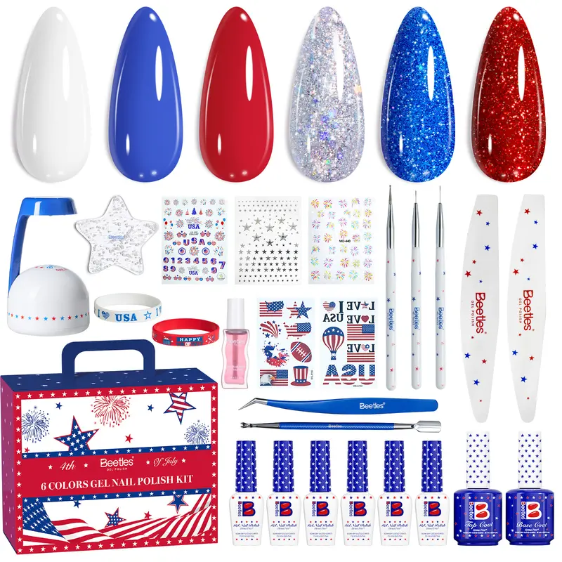 Beetles 6-Color UV Light Chrome Gel Polish Set - 4th of July Gift, Soak-Off Formula, Adults' DIY Nails at Home Manicure, Summer Vibes Nail Care Kit for Women