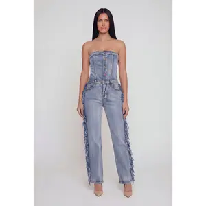 Acid Wash Denim Side Fringe Corset Tube Jumpsuit