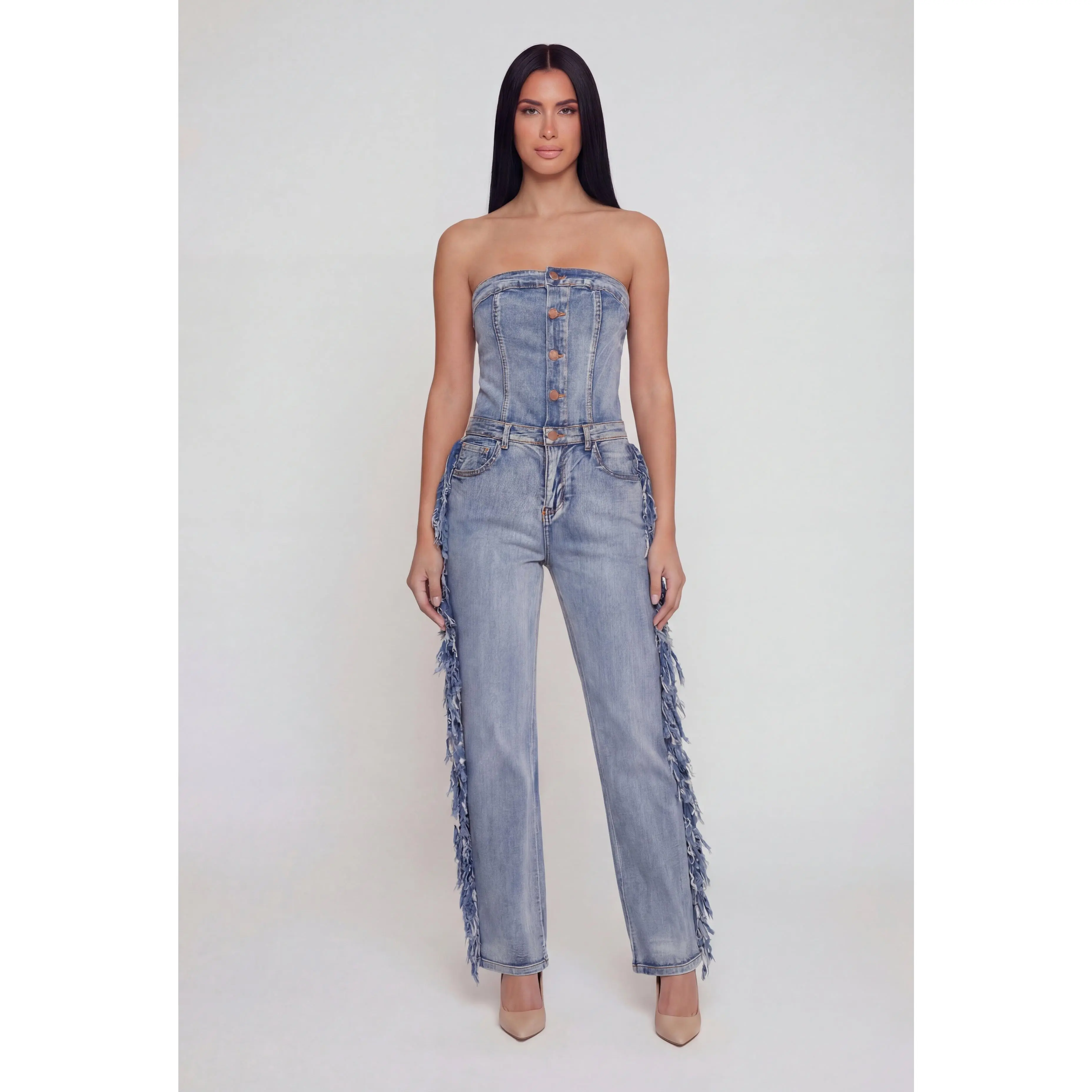 Acid Wash Denim Side Fringe Corset Tube Jumpsuit