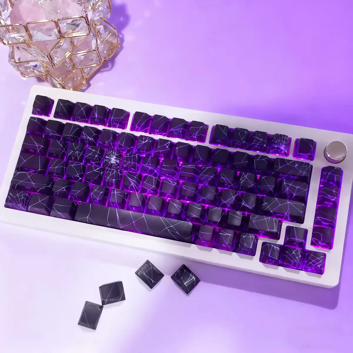 Custom Dark Aesthetic Backlit PBT Keycap Set, Side-Printed Dye-Sublimation OEM Profile Spider Web Gaming Keycaps, Durable Long-Lasting, Compatible with 61/68/75/78/84/87/96/98/104 Key Mechanical Keyboards, PC Peripheral Accessory