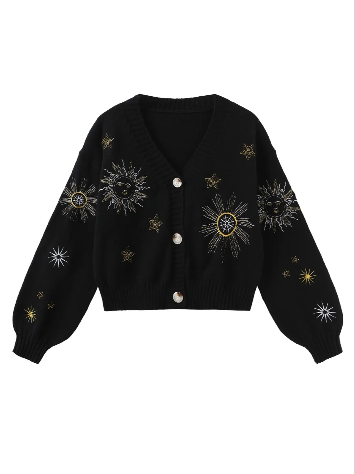 Women's Witch Style Embroidered Cardigan Knitting, Moon Star Pattern Long Sleeve Knit Sweater, Casual Fall & Winter Fashion Aesthetic Loose Fit Knitwear Boho Cardigan Sweater