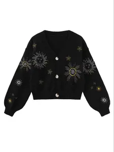 Women's Witch Style Embroidered Cardigan, Moon Star Pattern Long Sleeve Knit Sweater, Casual Fall & Winter Fashion Aesthetic Fit