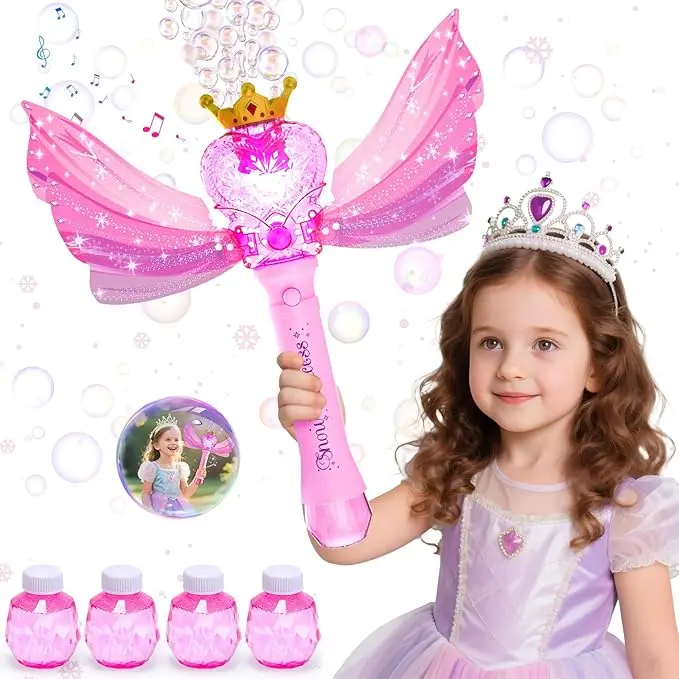 Bubble Wands for Kids Girls - LED Light & Music Bubble Machine: 3 AA Batteries & 2 Bubble Solutions, Outdoor Party Birthday Toys for Toddlers, Gift for 3 4 5 6 7 8 Year Old Girls