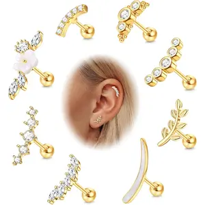LOLIAS 8PCS Hypoallergenic 316L Surgical Steel Cartilage Earrings for Women Helix Tragus Conch Piercing Jewelry - 16G 14K Gold Plated Minimalist Cubic Zirconia Screw Back Comfortable - Gold/Silver