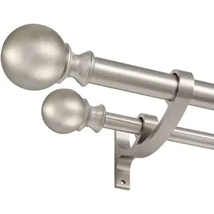 Double Curtain Rods for Window 28-48 Inches, Adjustable Double Drapery Rod with Round Finials, 1-Inch Front and 5/8 Inch Back Double Rod Curtain, Brushed Nickel
