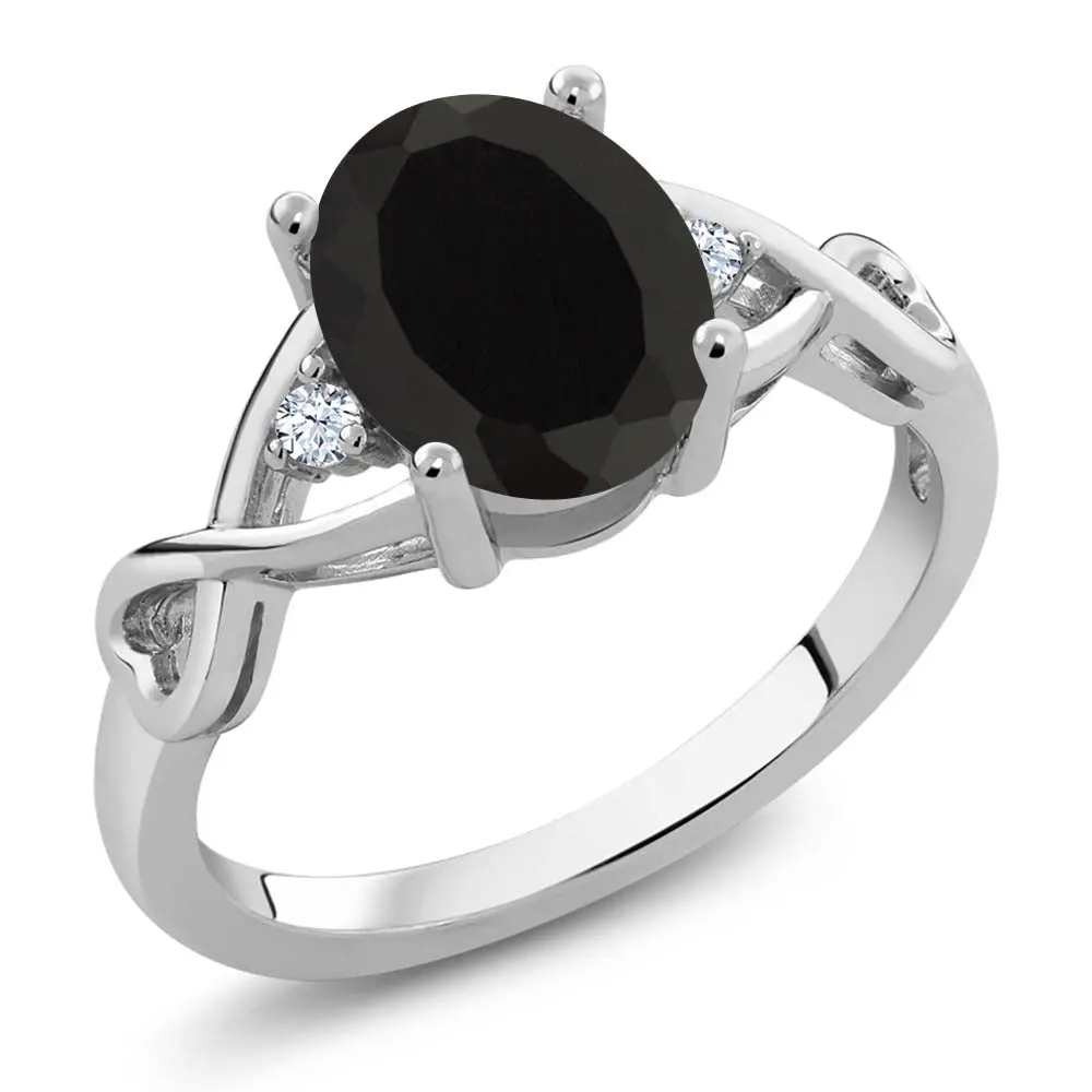2.05 Cttw Black Onyx and White Topaz Engagement Ring For Women | 925 Sterling Silver | Oval 9X7MM | Gemstone Birthstone