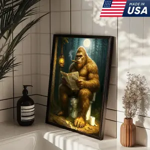 Funny Bigfoot Bathroom Wall Art, Sasquatch Reading Newspaper Picture Print, Rustic Cabin Decor for Toilet or Restroom, Bigfoot unframed poster Gift for Him Father's Day