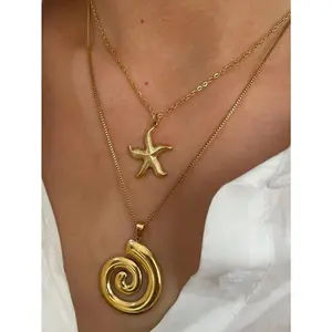 1pc New Luxury Minimalist Spiral Circle Starfish 18K Gold Waterproof Versatile Necklace For Women