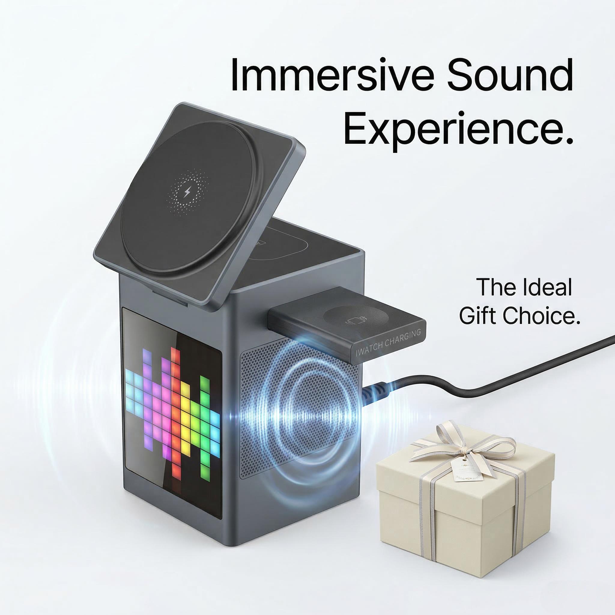 6-in-1 MagSafe-Compatible Magnetic Charger | with Clock & Pixel Display | Multi-Device Desktop Charging Station | Smart Travel Companion for March Madness, Spring Break, World Cup & Easter