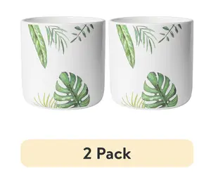(2 pack) 5.9”D x 5.9”H Round Ceramic Green Leaves Planter, White