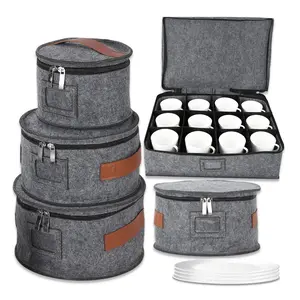 5 Pcs China Storage Containers, Mug Storage Box & Dish Plate Dinnerware Containers for Cups Bowls, Soft Felt China Case for Moving & Protection, Grey