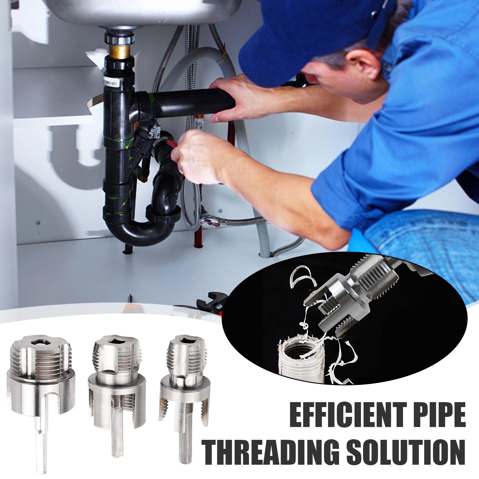 Heat-Treated Alloy Steel Pipe Threader 3-Piece Set for 1/2, 3/4, 1 Inch Pipes Drill-Compatible Plumbing Tool with Interchangeable Heads for Internal & External Threading