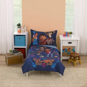 Coco Navy, Orange, and Light Blue, Seize Your Moment 4 Piece Toddler Bed Set - Comforter, Fitted Bottom Sheet, Flat Top Sheet, and Reversible Pillowcase