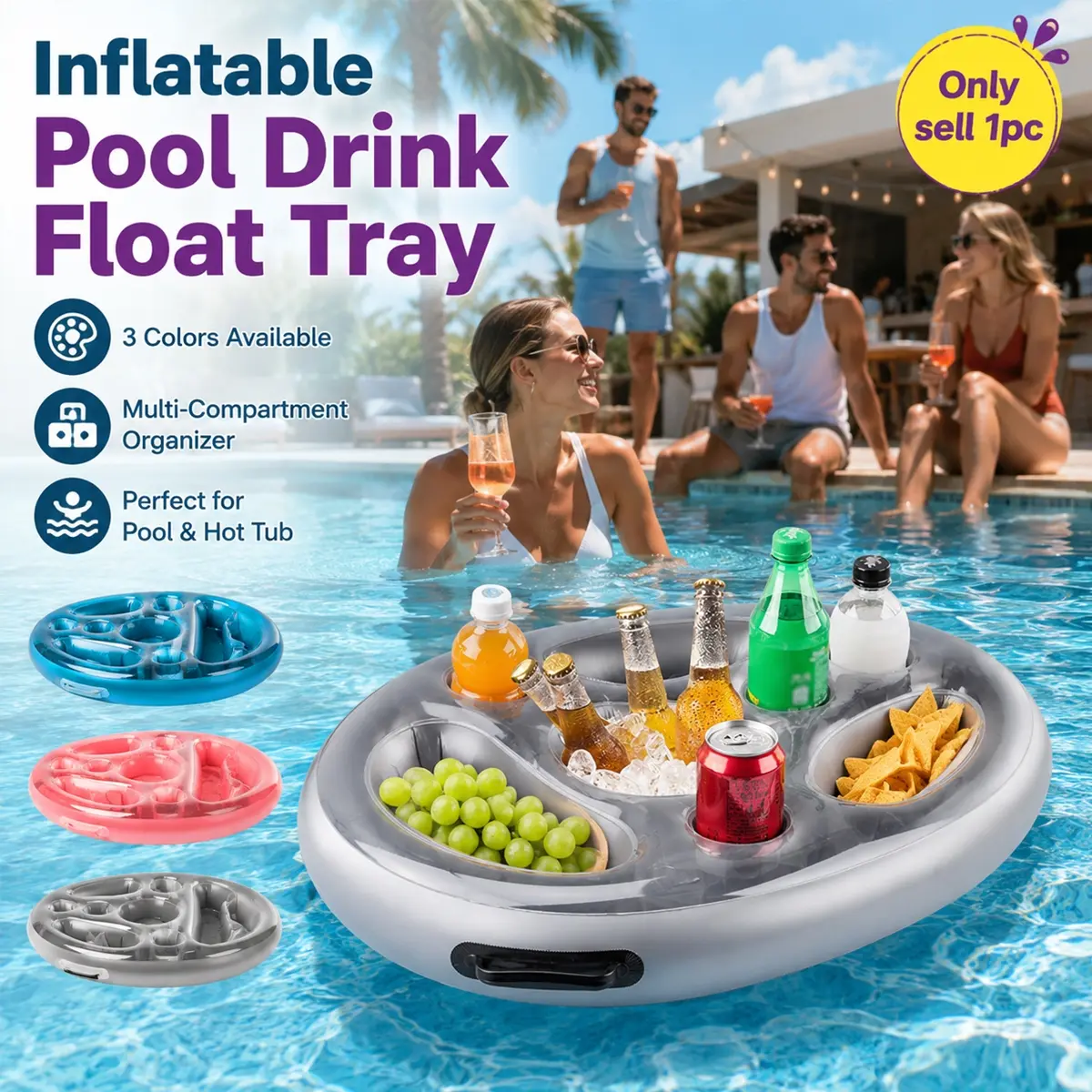 Inflatable Floating Drink Holder, Floater, Large Capacity PVC Material Multi-Hole Beverage Tray with Cup Holders and Phone Rest, Floating Pool Table for Adults, Hot Tub, Pool Party, Backyard, Summer Vacation and Outdoor Relaxation