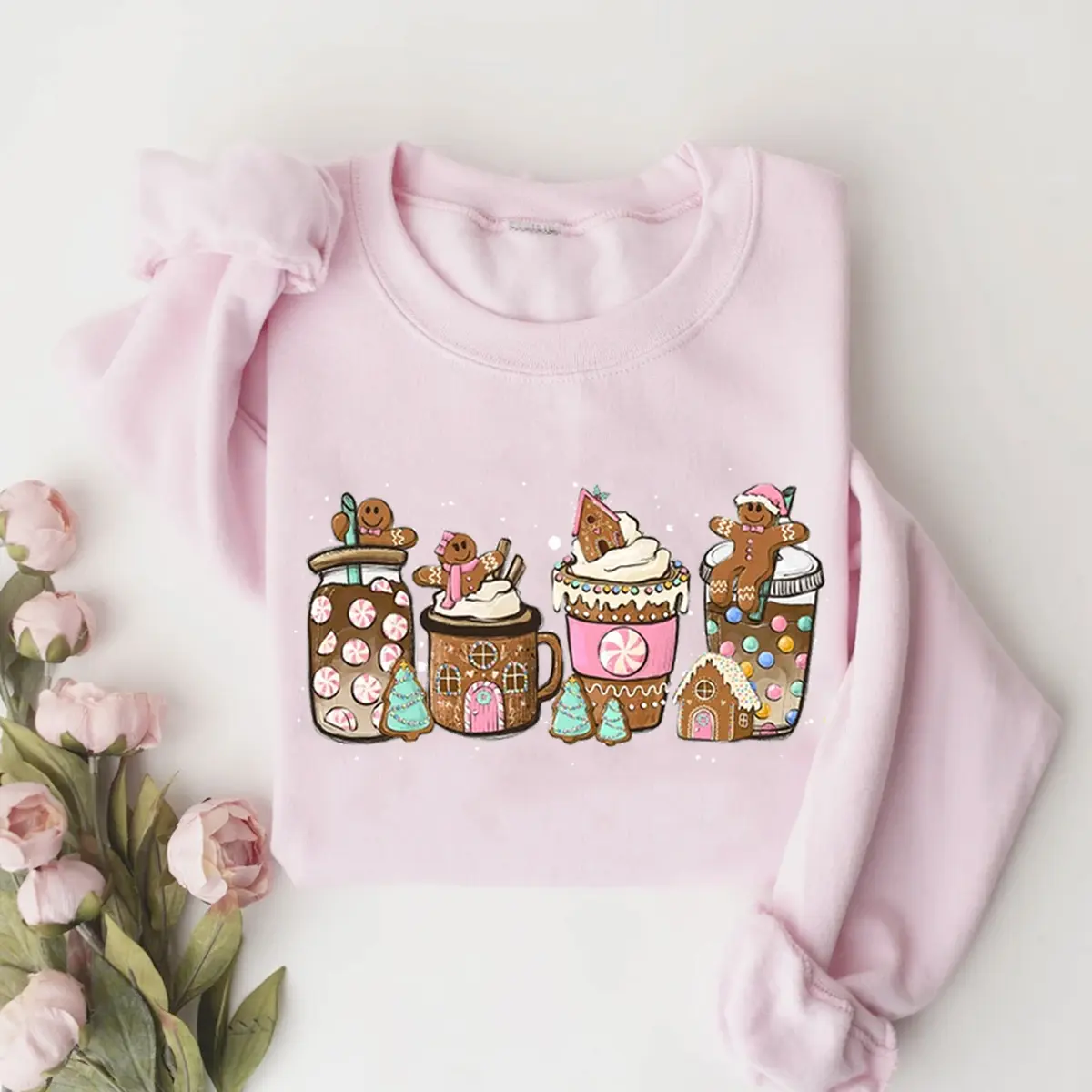 Gingerbread Christmas Coffee Sweatshirt, Pink Christmas Sweatshirt, women's Holiday Sweater, Xmas Tee, Coffee Lover Gift, Latte drink Crewneck