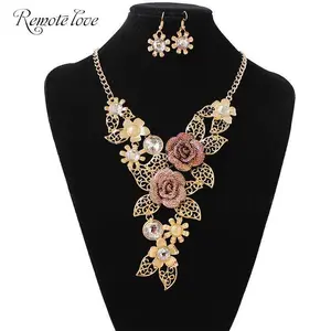 2Pcs/set luxury fashion rhinestone flowers necklace earring elegant pendant clavicle chain gifts Z30