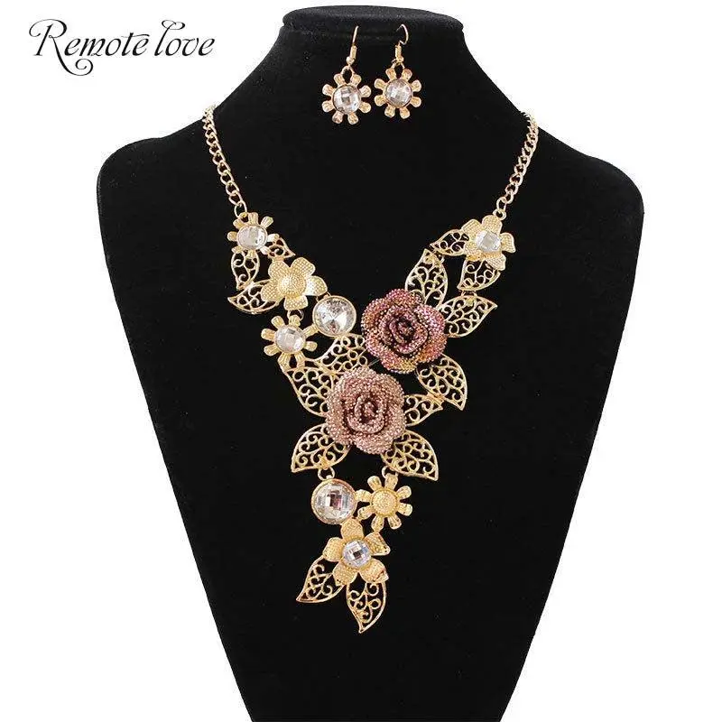 2Pcs/set luxury fashion rhinestone flowers necklace earring elegant pendant clavicle chain gifts Z30
