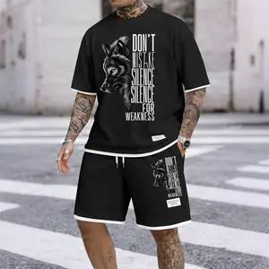 Men's Howling Wolf & "Don't Mistake Silence For Weakness" Quote Graphic Print Waffle Short Sleeve T-Shirt & Shorts Set, Summer Lightweight Casual Sporty Two-Piece Outfit