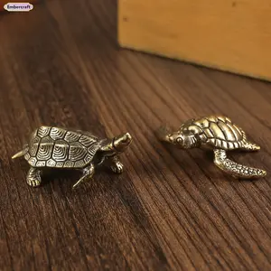 Vintage Brass Longevity Turtle Figurine Handmade Solid Brass Tea Pet Ornament for Home Desk Decor Lucky Feng Shui Craft Collectible Unique Tabletop Decorative Gift for Tea Lovers