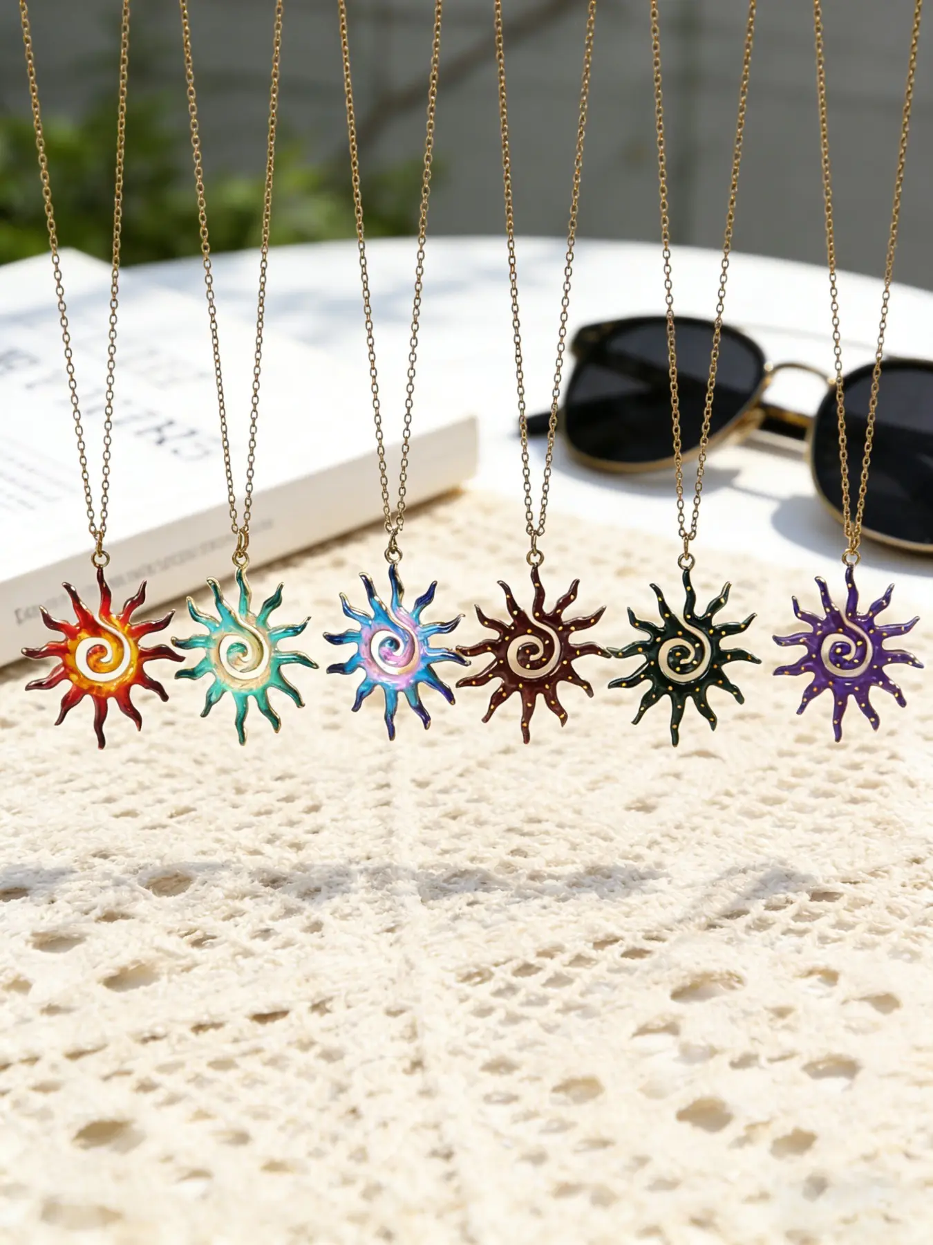 Colorful Swirl Sunburst Enamel Necklaces, Gold Stainless Steel Chain, Vibrant Drip Glaze Sun Pendants, Boho Festival & Beach Vibe Jewelry