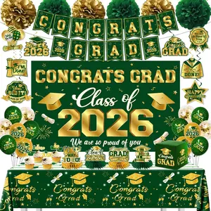 Graduation Decorations 2026 Green and  Class of 2026 Banner Congrats Grad Backdrop Tablecloth Balloons  Swirls Honeycombs Cupcake Toppers Box Pompoms for Graduation Party Decor Supplies