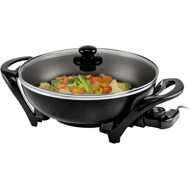 13-Inch Black Food Grade Aluminum Alloy Electric Wok - PFOA-Free Advanced Non-Stick Coating, 1400W Power, 5-Setting Temp Dial, Tempered Glass Lid with Steam Vent, Cool-Touch Handles, Detachable Easy-Clean Family-Sized Skillet, Temperature Dial