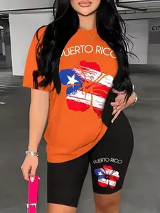 Summer Must-Have Plus Size Women's Two-Piece Set Puerto Rican Pride Decorated with Vivid Flowers and Flags Casual Fashion Two-Piece T-Shirt Set