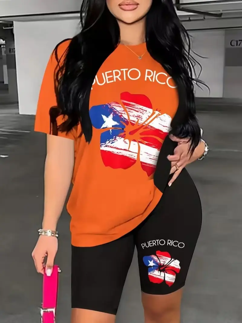 Summer Must-Have Plus Size Women's Two-Piece Set Puerto Rican Pride Decorated with Vivid Flowers and Flags Casual Fashion Two-Piece T-Shirt Set