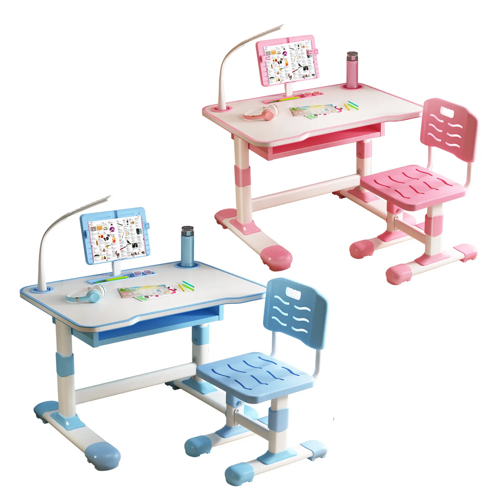 Explorinox Kids Height-Adjustable Study Desk and Chair Set, Tilting Desktop, LED Desk Lamp, Extra Large Storage Drawer, Desk Chair
