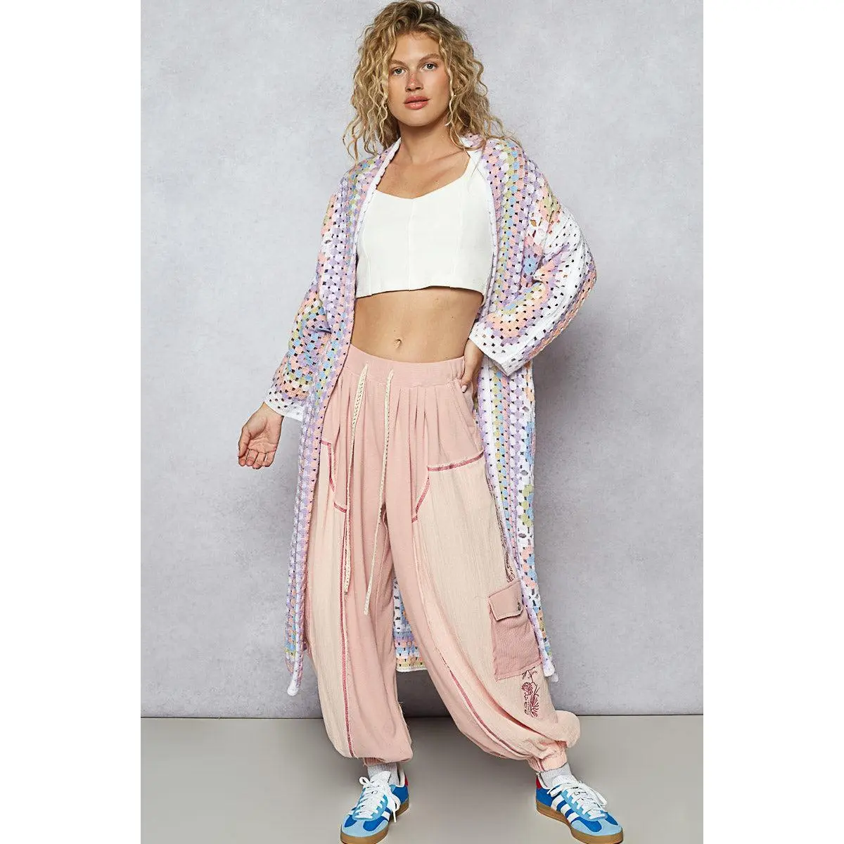 Stacey Pastel Patchwork Cardigan - Women's Long Sleeve Crochet Knit Duster with a Boho Style Roomy Fit, Fabric, Tops