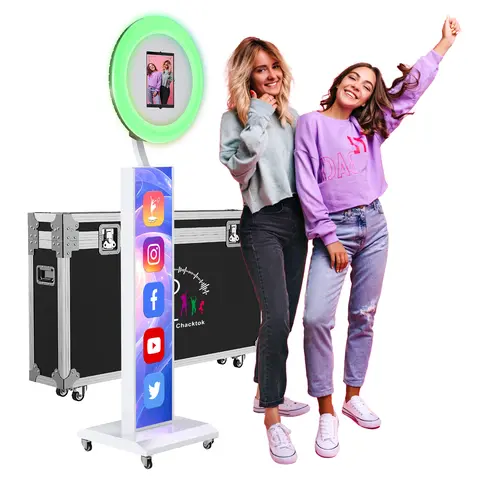 OHYEAHSPIN Portable LED Selfie Photo Booth Light Stand - Circular Lighted LED Selfie Accessories with Magnetic Phone/Device Parts, Fits 10.2-13.9in iPad, Versatile Shooting Modes, Custom Logo, Flight Case, Chacktok Software, Ideal for Weddings, Parties