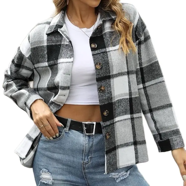 Women's Plaid Wool Flannel Shacket Long Sleeve Button Down Shirts Oversized Collared Comfort Casual Cardigan Sweaters for Fall Winter Fashion Cozy Vibes Trendy Jacket