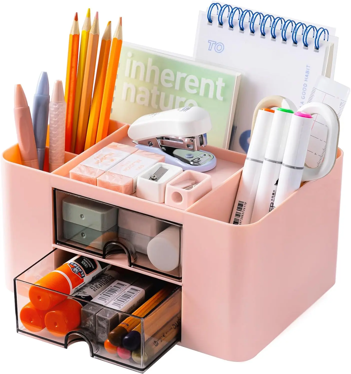 Desk Organizer, Desk Organizer with 2 Drawers, Office Supplies Organizer for Desk, Cute Desk Accessories with Plastic, Pen Holder for Desk Countop, Pink