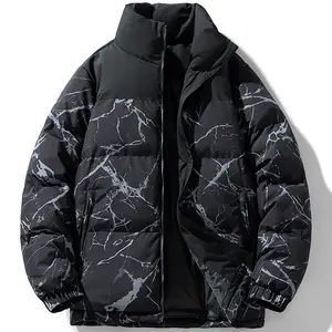Men's Black Marble Print Stand Collar Puffer Jacket, Stylish Winter Warm Casual Down Coat