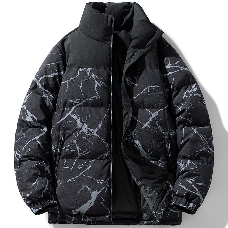 Men's Black Marble Print Stand Collar Puffer Jacket, Stylish Winter Warm Casual Down Coat
