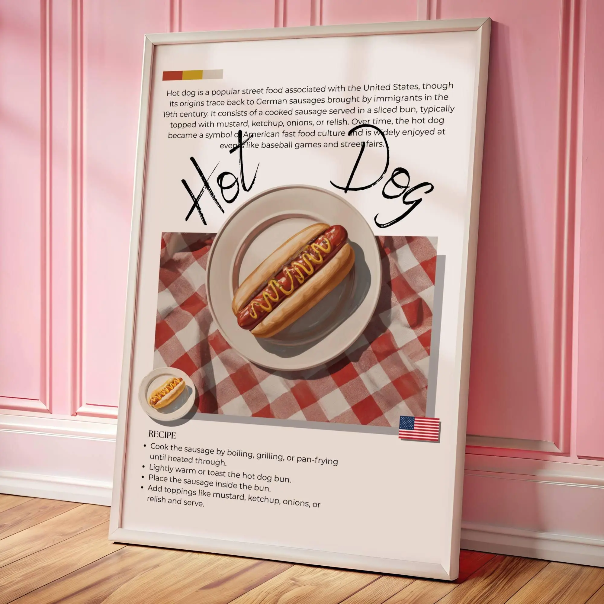 [SALE UP TO 40%] [Unframed] Hot Dog History & Recipe Food Poster, American Kitchen Wall Art, Cooking Prints Gift
