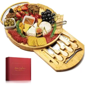 Round Cheese and Charcuterie Board Set - 13", Round Charcuterie Board, Bamboo Cheese Board and Knife Set, Beautiful Charcuterie Gift for Mom, Round Cheese Board Set, Circle Charcuterie Board Round