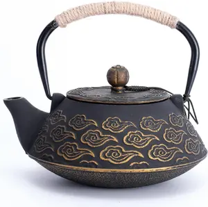 Cast Iron Teapot,   Pot with Infuser for Loose Leaf,  Kettle Stovetop Safe Coated with Enameled Interior, Clouds  27oz, 800ml Black