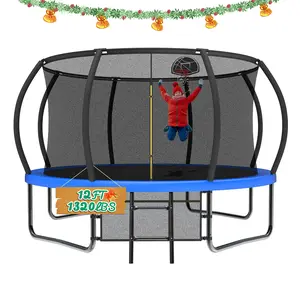12FT Blue Jump Trampoline, Outdoor Backyard Recreational Trampoline with Safety Net, Curved Poles, 360° Net & Robust Construction, Ideal Christmas Gift