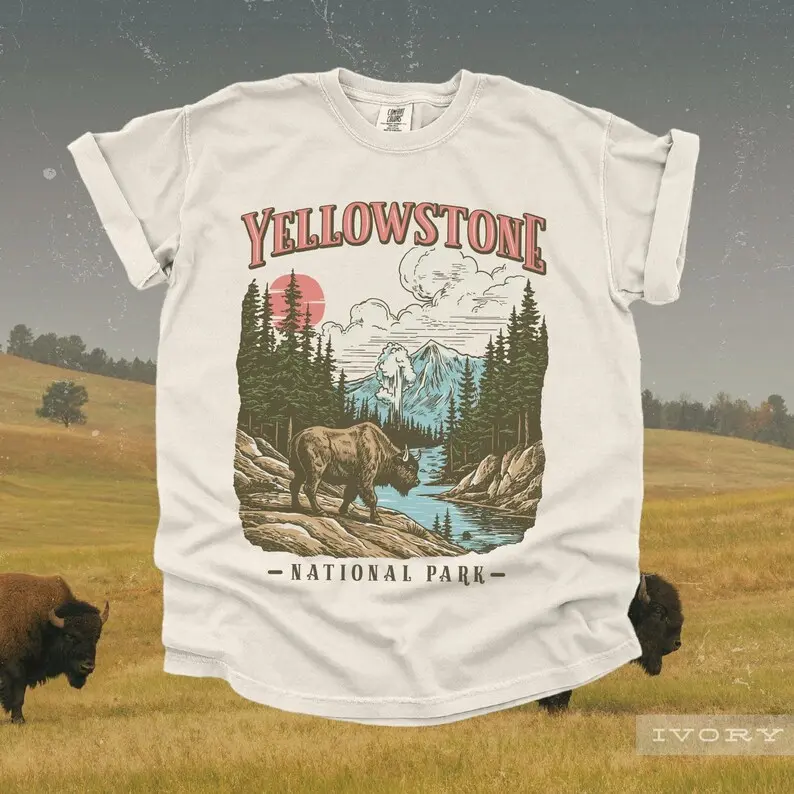 Comfort Colors Vintage Yellowstone National Park TShirt, Retro US Parks Tee Shirt, Trendy Granola Girl, Oversized Top, Gorpcore Boho Forestcore Clothing