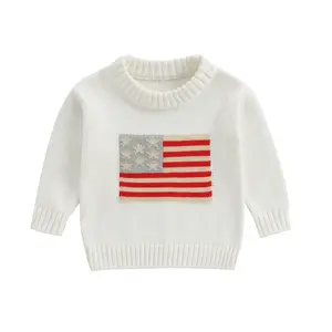 Infant Baby Girls Boys 4th of July Sweater US Flag Pattern Long Sleeve Crew Neck Warm Winter Knit Pullover Tops(Sheet)