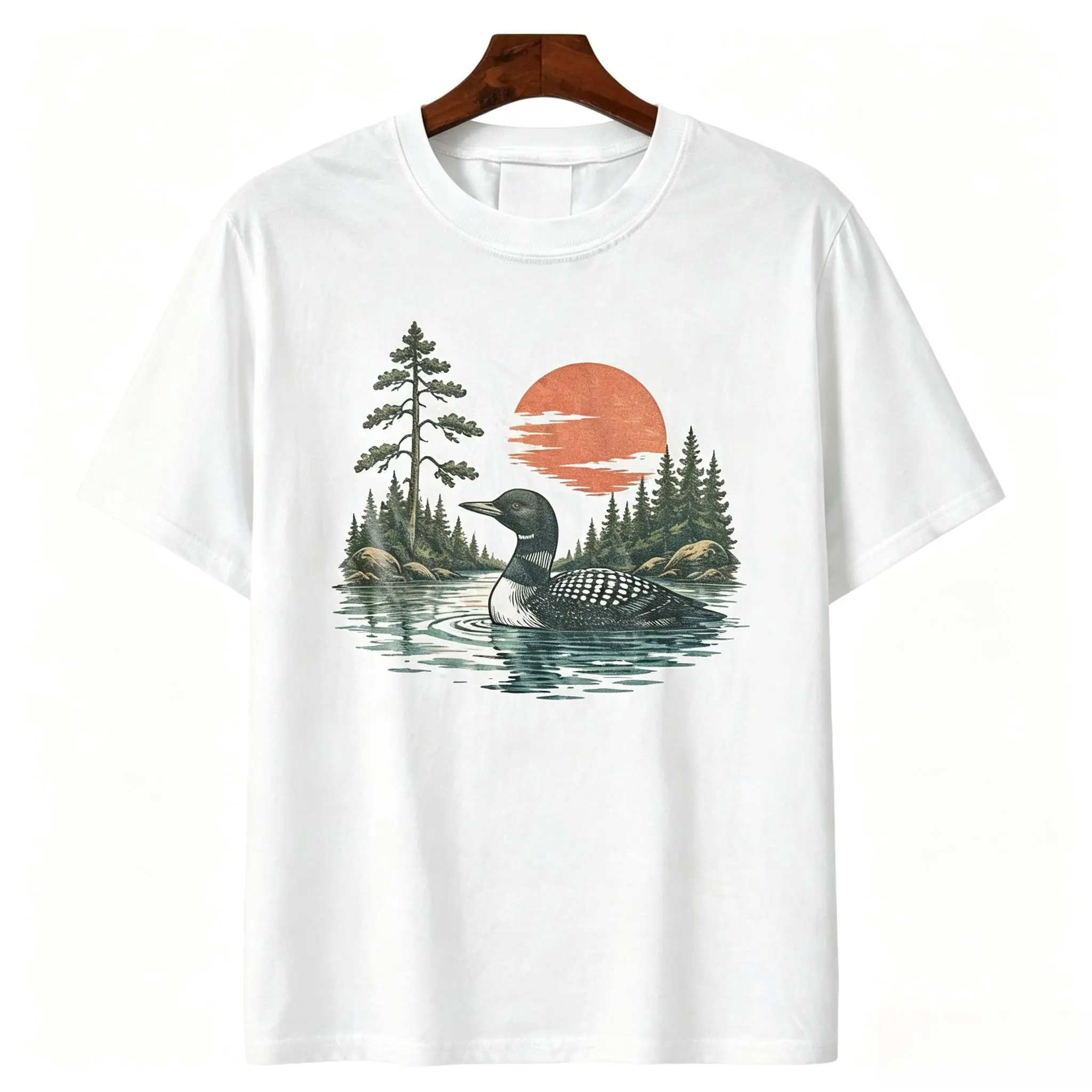 Outdoor Gift Vintage Loon Lake Nature Shirt, Retro Wildlife Bird Graphic Tee, Classic Forest Lake Landscape Top