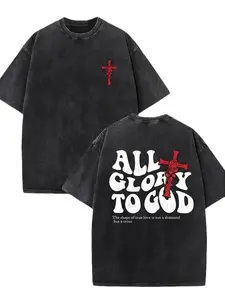 Vintage Acid Wash Christian Graphic T-Shirt Soft Cotton All Glory to God Red Rose Cross Print Oversized Tee Faith Based Streetwear Apparel Religious Gifts for Men Women Daily Wear Aesthetic Trendy Top Church Outfit Casual Short Sleeve Unisex Shirts 2026