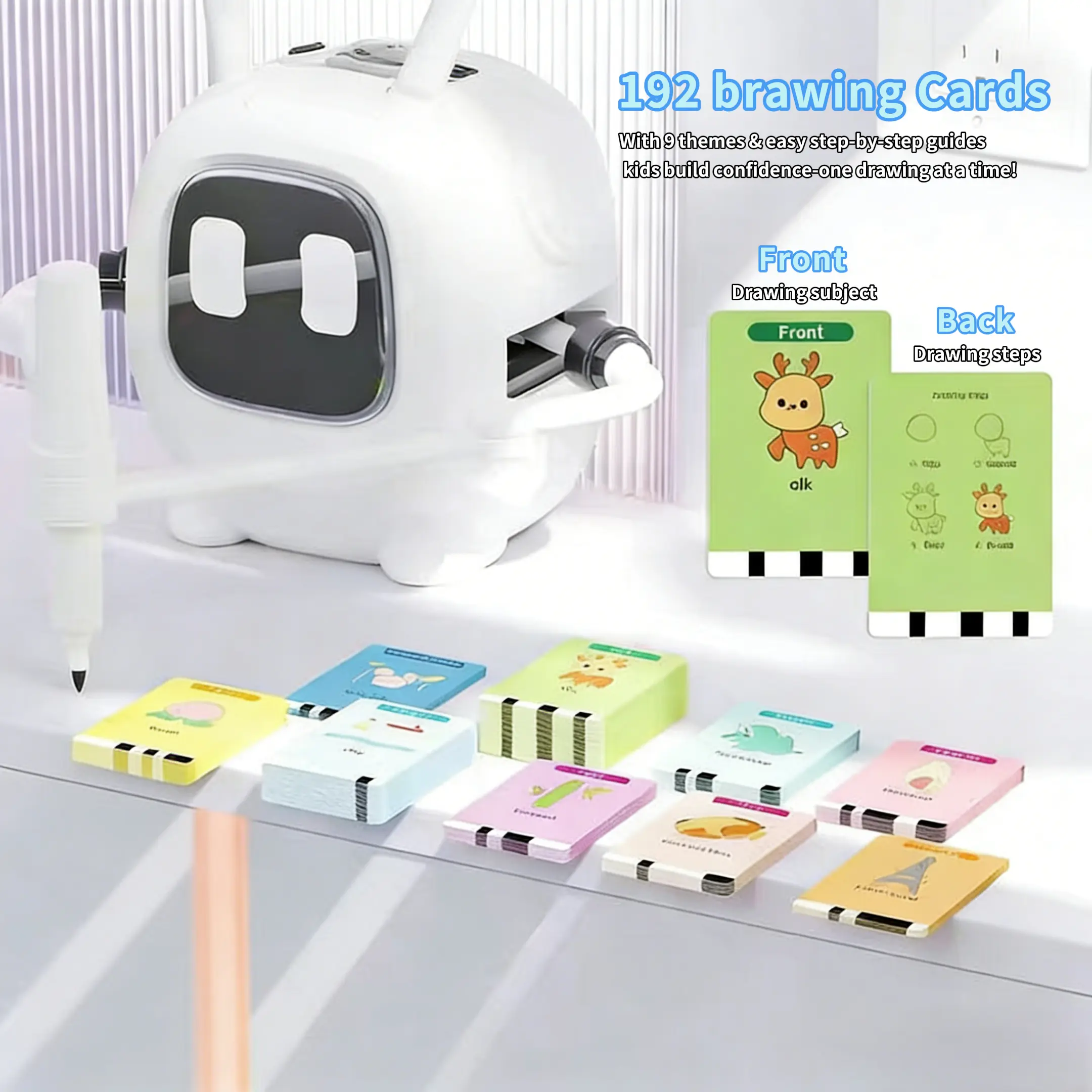 Drawing Robot for Kids with 192 Cards，Voice Interactive Educational Drawing Machine，Smart Educational Painting，Montessori Painting Learning Toys for 3+ Boys Girls