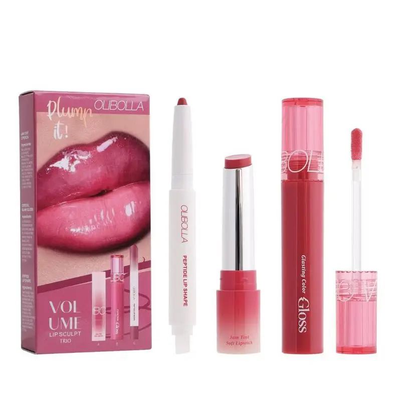 OLIBOLLA Volume Lip Sculpt Trio Set, Long-Lasting Waterproof Lip Tint Set with Super Bass Lipstick & Halo Glow Lip Gloss, 3-in-1 Lip Liner Gift Box for Flawless High-Shine Glossy Lips K-Beauty 3-Piece Set