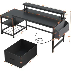 EnHomee 57" Computer Desk with Drawers and Printer Space,Office Desk with Power Outlets,Home Office Desks with File Drawers Cabinet,Study Writing and Gaming Desk with Shelves Monitor Stand,Black