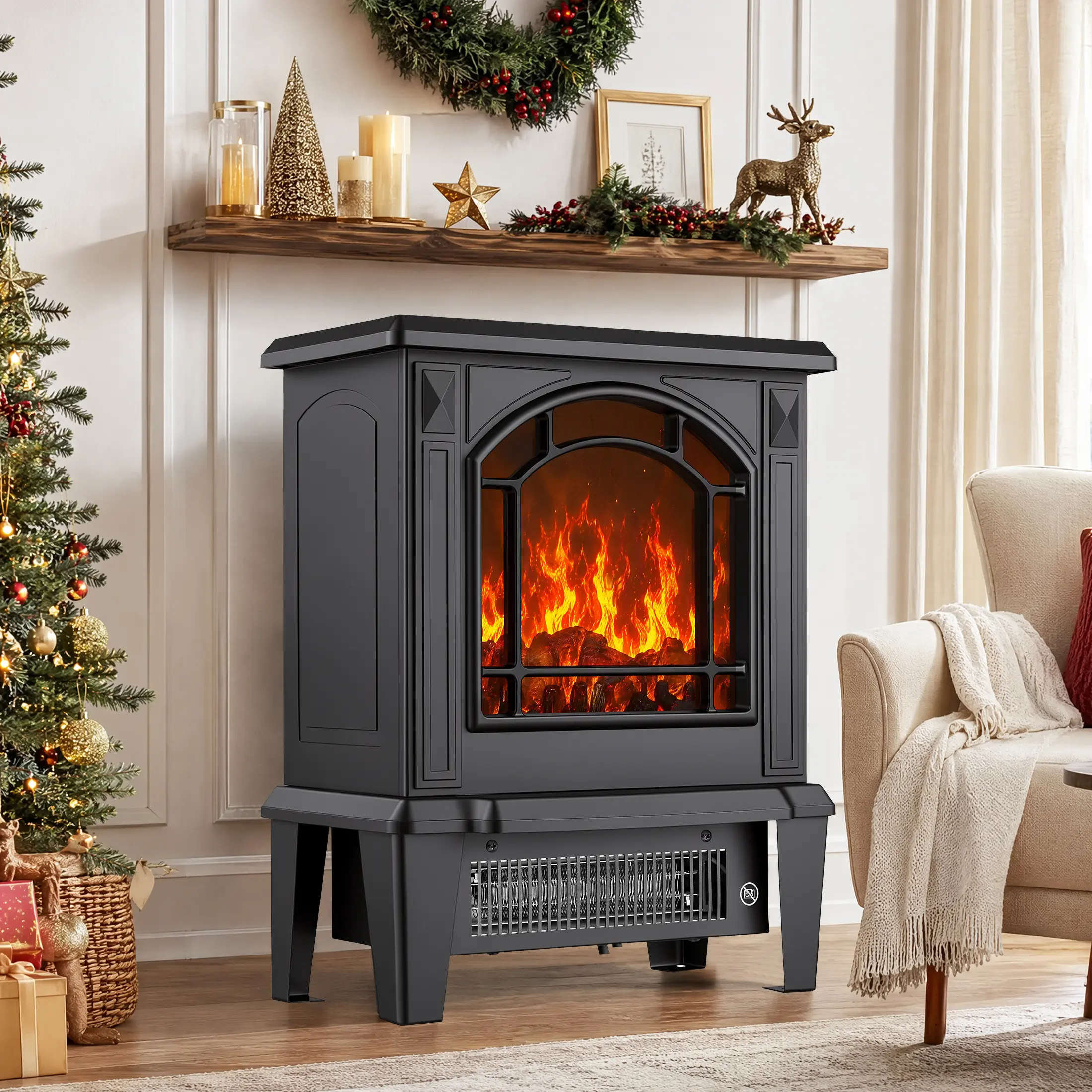 【Upgraded】Freestanding Electric Fireplace Stove Heater, 19IN / 26IN Options, Knob & Remote Control Versions, 700W/1400W Dual Heat Settings, 4777 BTU Space Heater with Realistic 3D Flame Effect, Overheat Protection for Bedroom Living Room Indoor Use