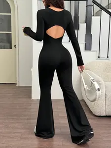 Elegant Elastic Fabric High-Quality Womenswear Fitted Jumpsuit, Zipper Accent Body Shape Back Cut-Out Design, Suitable for Various Occasions