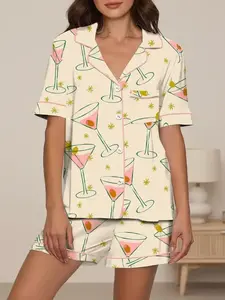 Spring Summer Women's Sleepwear Set Pjs, Open Front Lapel Short Sleeve Shorts, Bottom Martini Glass Star Print, Casual Home Wear